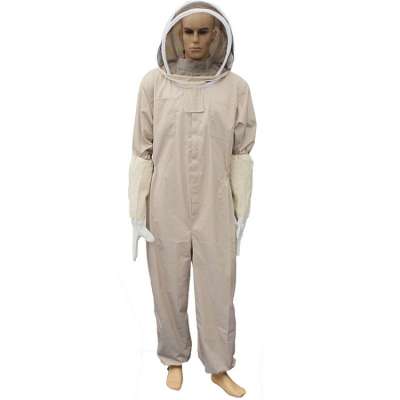 Unisex Cotton Beekeeper Bee Suit Smock Apiculture Costume + Beekeeping Protective Goatskin Gloves Gray+White Safely Clothes